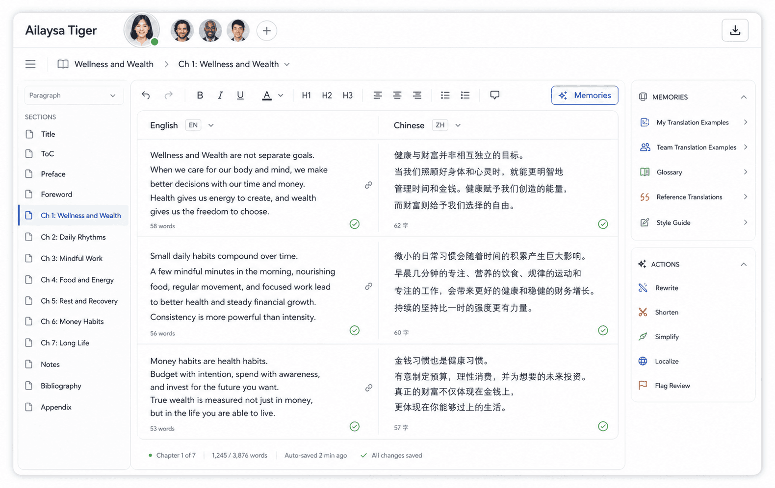 Ailaysa Tiger Bilingual Translation Editor Workspace